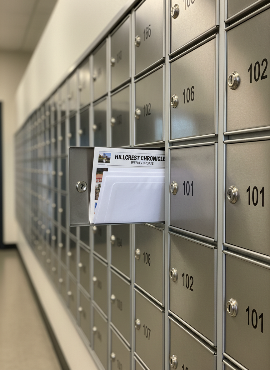 A long row of identical, closed metal mailboxes in a small-town post office lobby, their brushed aluminum doors neatly lined up with tiny combination locks and clean black numbering. A single open mailbox near the center reveals precisely stacked envelopes and a folded community newsletter titled with a generic, non-legible local headline. Warm, diffused indoor lighting from overhead fixtures casts soft reflections along the metal surfaces and gentle shadows between the box rows. The camera is positioned at mailbox height, shooting down the length of the row to create strong linear perspective and depth, with sharp focus on the open box and gradual blur toward the distance. The atmosphere is quiet, methodical, and reliable, rendered in photographic realism to suggest the steady flow of local information.