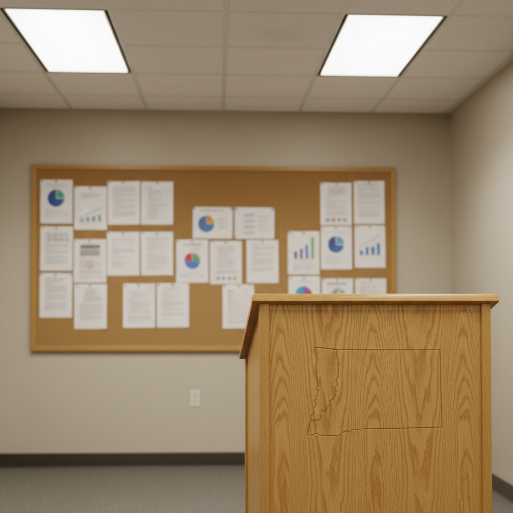 An immaculate wooden podium standing alone in a small county meeting chamber, its front panel bearing a simple, engraved outline of Washington County’s map without any specific names or identifiable symbols. Behind the podium, a neutral wall features a large corkboard with pinned, generic documents, color-coded charts, and simple bar graphs, all legible as data but not specific text. Soft ceiling-mounted fluorescent lights bathe the room in even, neutral illumination, creating minimal shadows and a clear, bureaucratic atmosphere. Shot from a slightly low angle, the composition centers the podium in crisp focus, while the background elements fall into a gentle blur. The mood is serious, professional, and transparent, captured with photographic realism to evoke public meetings and policy coverage.