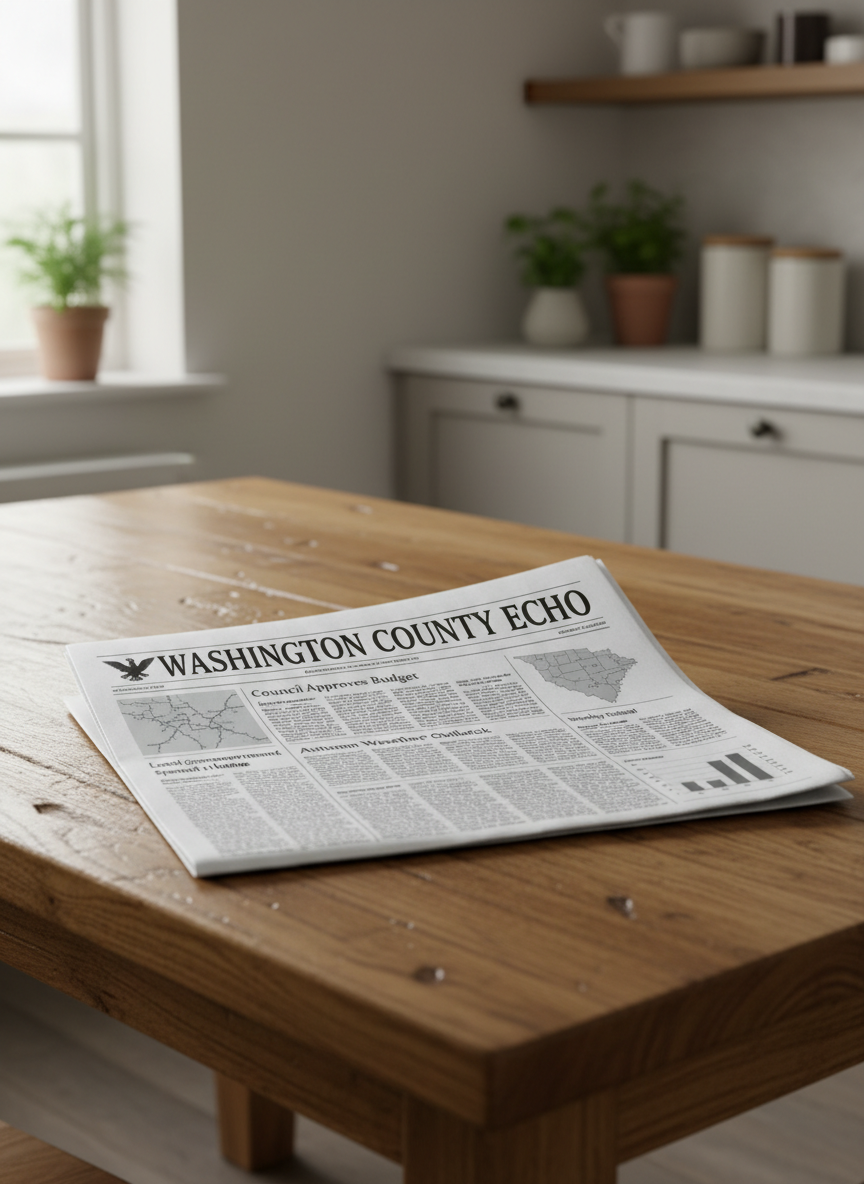 A freshly printed broadsheet newspaper spread open on a sturdy oak kitchen table, its masthead clearly reading “Washington County Echo” in bold, classic type. The crisp pages show legible but generic article columns, small maps, and monochrome infographics about local government and weather. Morning light pours through an unseen window from the left, creating soft, natural highlights along the paper’s gentle folds and casting clean shadows across the wood grain. The background fades into a subtle blur of a tidy, neutral-toned kitchen interior. Photographed at an eye-level, three-quarter angle with a moderate depth of field, the composition feels calm, trustworthy, and professional, embodying photographic realism with a clean, modern news aesthetic that suggests verified local information rather than rumor.