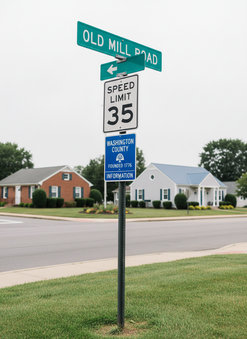 A cluster of neatly arranged street signs at a quiet Washington County intersection, each sign sharply rendered: a green road name marker, a white speed limit sign, and a blue municipal information plaque, all attached to a slightly weathered metal pole. Around them, modest brick and siding municipal buildings sit back from the two-lane road, separated by trimmed grass and low shrubs. Overcast daylight provides even, diffused lighting, eliminating harsh shadows and lending a clear, documentary feel. The camera frames the signs prominently using the rule of thirds, with the receding street and buildings gently blurred to suggest depth. The mood is orderly, factual, and grounded, captured in photographic realism to communicate the everyday infrastructure that local news reports on.