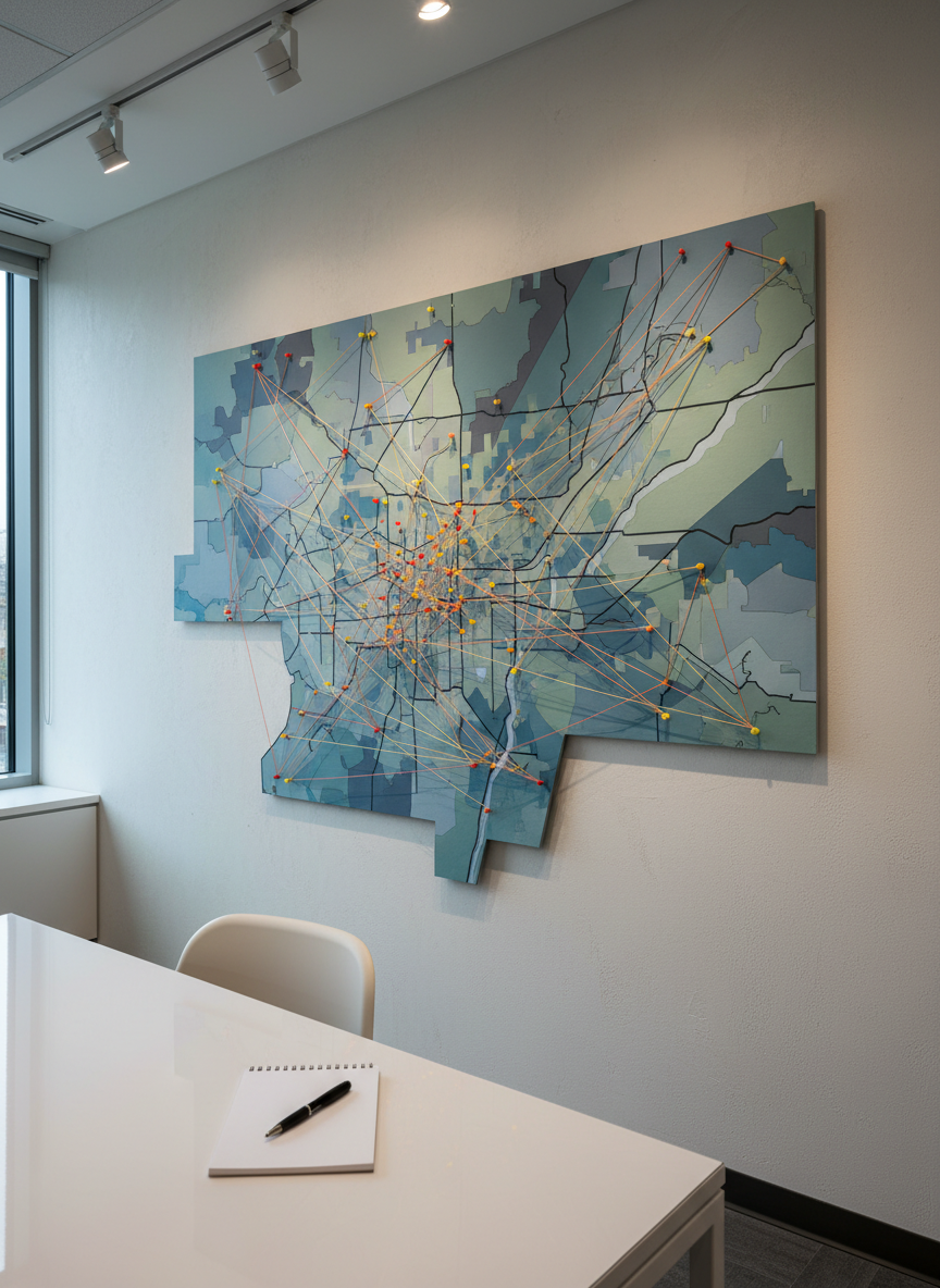 A high-resolution, stylized wall map of Washington County mounted in a modern newsroom-like space, featuring clearly defined but unlabeled town boundaries, rivers, and major roads in muted blues, greens, and grays. Colored pins and thin strings connect various points, converging toward a small, blank notepad resting on a nearby minimalist white desk. Cool, bright overhead LEDs and a side window combine to create balanced, neutral lighting with precise shadows from the pins and string. Photographed from an elevated three-quarter angle, the composition emphasizes the map’s details while allowing the desk and notepad to anchor the foreground. The mood is analytical and investigative yet composed, rendered in crisp photographic realism to symbolize the careful, fact-driven coverage of events across the county.