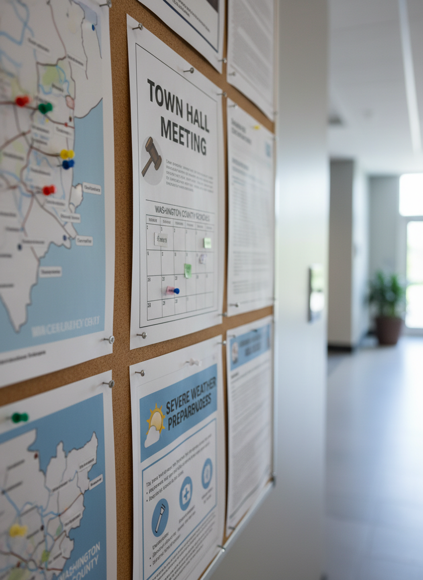A detailed cork bulletin board in a tidy hallway of a Washington County civic building, covered with neatly pinned flyers and notices: a generic town hall meeting announcement, a school calendar grid, a severe weather preparedness graphic, and a simple map of the county with colored pushpins marking locations. All text is suggestive but not fully legible. Cool, indirect daylight from a nearby window illuminates the board, enhancing paper textures and casting delicate pin shadows across the cork. Shot from a slightly angled, close-up viewpoint with a shallow depth of field, the center flyers are in crisp focus while the edges blur subtly. The mood is informative and community-focused, captured in clean, photographic realism to echo the clarity and organization of a professional local news outlet.